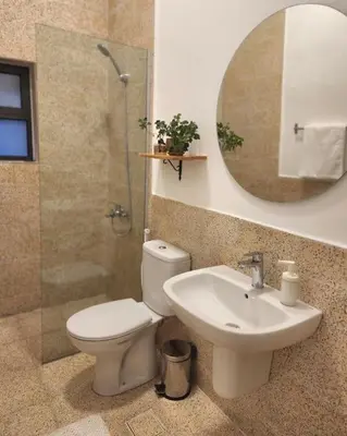 a bathroom with a toilet and a sink and a mirror at Goga Apartment in Jabal Amman near Rainbow Street in Ash Shumaysānī