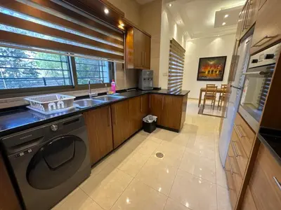 a kitchen with a washer and a sink and a dishwasher at Secured Compound Hill-view Terrace in Amman