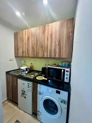 a kitchen with a washing machine and a microwave at Cozy & Comfortable Studio in the heart of Amman, Studio #17 in Umm Uthainah