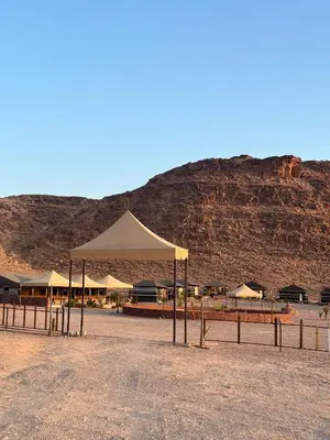a tent in a field with a mountain in the background at Dream Bedouin Life Camp Wadi Rum in Disah