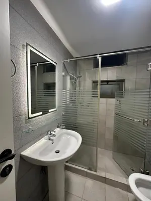 a bathroom with a sink and a glass shower at central apartment for rent 17 in Amman