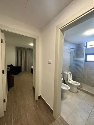 a bathroom with a toilet and a shower and a sink at central apartment for rent 18 in Umm Uthainah