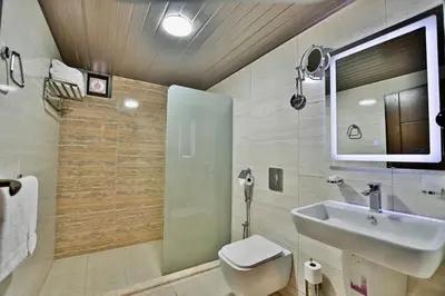a bathroom with a sink and a toilet and a shower at Mars Land Luxury Camp in Wadi Rum