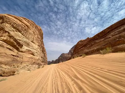 a dirt road in the desert between two rocks at Ahmad and Fatima's Traditional Bedouin Camp in Wadi Rum