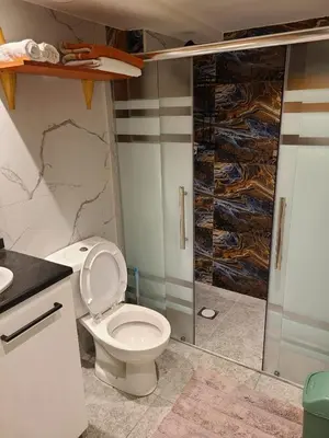 a bathroom with a white toilet and a shower at Loft Apartment Jabal Amman B in Amman