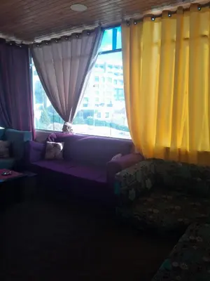 a couch sitting in front of a window with curtains at bedouin hostel in Amman