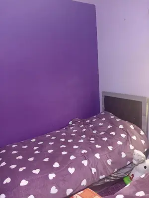 a bedroom with a bed with a purple wall at Hello hostel in Amman