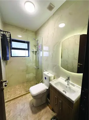 a bathroom with a toilet and a sink and a mirror at Alsadi Housing- Jabal Amman in Amman