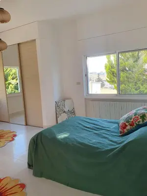 a bedroom with a large bed and a window at One-of-Kind home - city & nature in Amman
