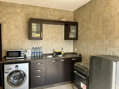 a kitchen with a sink and a washing machine at Modern, fully equipped apartment in Jabal Amman in Amman