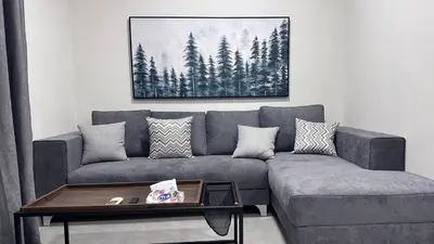 a living room with a couch and a coffee table at One bedroom near University of Jordan in Amman