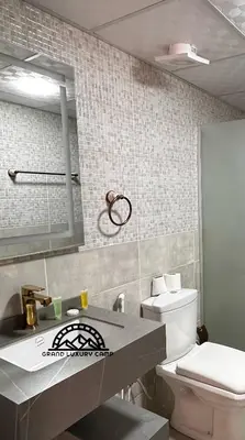 a bathroom with a white toilet and a sink at Grand Bubble rum luxury in Wadi Rum