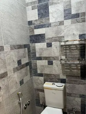 a bathroom with a toilet and a tiled wall at Doven Farm in Wadi Musa