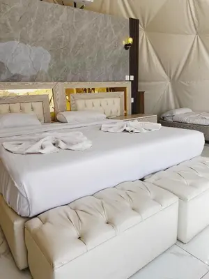 two beds with white sheets and a couch in a room at The Flowers Camp in Wadi Rum