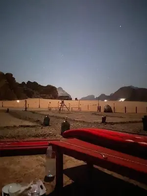 a bench on a beach with a view of the ocean at Rose Al Ghaith Camp in Disah