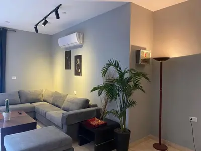 a living room with a couch and a potted plant at SAN VITO Chalet in Sowayma