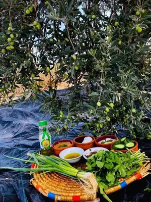 a table with vegetables and bowls and a tree at Nassen House in Udhruḩ