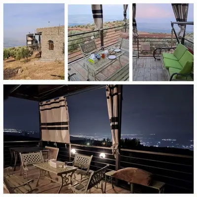 a collage of photos of a balcony with tables and chairs at Olive house in Um Qeis