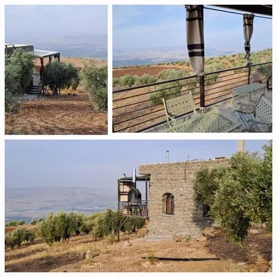 a collage of three pictures of a building at Olive house in Um Qeis