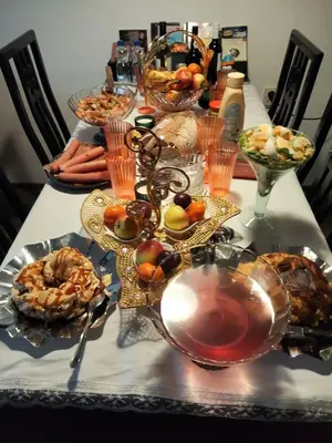 a table with many plates of food on it at carfort House in Al Jafr