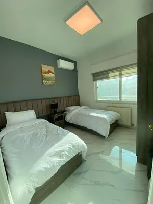 a bedroom with two beds and a skylight at Layal's apartment in Amman