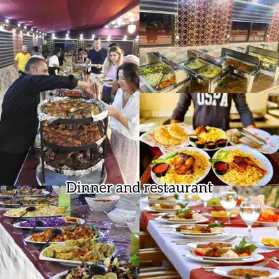 a collage of pictures of a buffet with food at RUM SUNSET BUBBLES lUXURY CAMP in Wadi Rum