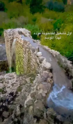 a painting of a rock wall next to a river at WaterMill House in Wadi Musa