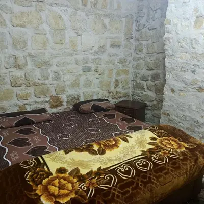 a bed in a room with a stone wall at Dana Moon hostel in Dana