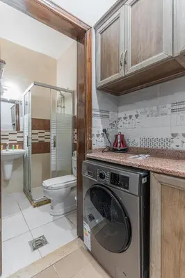 a kitchen with a washing machine in a bathroom at Old town apartment 2 in Aqaba