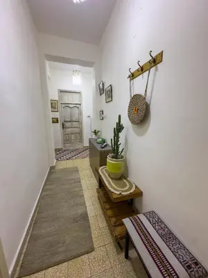 a hallway with a door and a table and a plant at 2 Bedroom apt in Jabal Weibdeh with Balcony in Amman