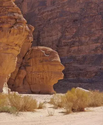 a rock formation in the desert near a canyon at Rum gate camp Fares in Disah
