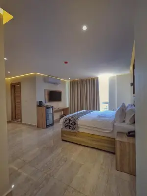 a large bedroom with a bed and a television at Grand Season Hotel in Aqaba