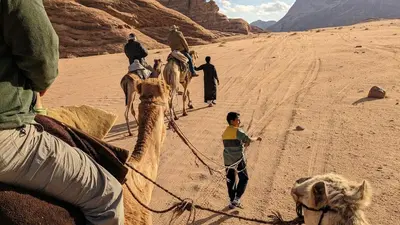 a group of people riding camels in the desert at Crown Luxury Camp in Wadi Rum