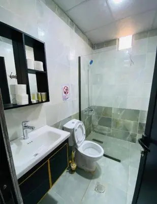a bathroom with a toilet and a sink and a shower at Al-Faris Camp in Disah