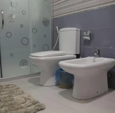 a bathroom with a toilet and a sink at LeRose Villa in Ash Shāghūr