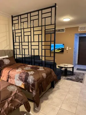 a bedroom with a large bed and a flat screen tv at gardens studio استوديو الجاردنز 401 in Amman