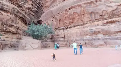 a group of people walking in front of a cliff at Wadi Rum Hiking &camp in Wadi Rum