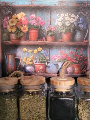 a shelf full of flower pots and jars of flowers at Petra Masterpiece in Wadi Musa