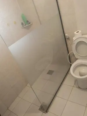 a bathroom with a glass shower door next to a toilet at Sindbad Apartment in Jurf ad Darāwīsh