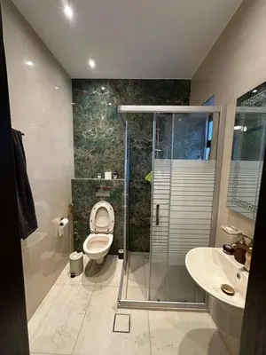 a bathroom with a shower and a toilet and a sink at Cosy family apartment in Amman in Amman
