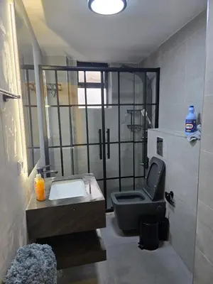a bathroom with a toilet and a sink and a shower at Rainbow Retreat - 2BR in the heart of Old Amman in Amman