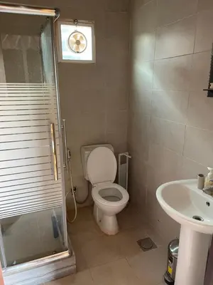 a bathroom with a toilet and a sink at My X wadirum in Wadi Rum