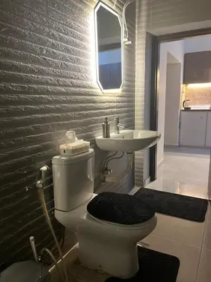 a bathroom with a toilet and a sink at Family-Friendly Garden Stay in Jurf ad Darāwīsh
