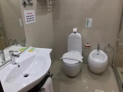 a bathroom with a sink and a toilet and a mirror at Tetra Tree Hotel 1 in Wadi Musa