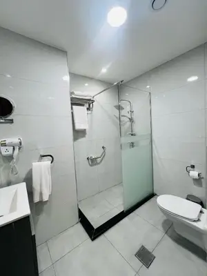 a bathroom with a shower and a toilet and a sink at فندق الأمراء بلازا in Ma‘ān