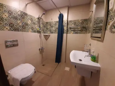 a bathroom with a shower and a toilet and a sink at Layaali Amman Hotel Airport Pickup in Amman