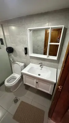 a bathroom with a toilet and a sink and a mirror at Moon Dunes Wadi Rum in Disah