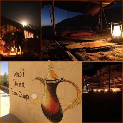 a collage of photos with a vase and a light at Dana Village lodge and Camp-Wadi Dana Eco camp in Dana