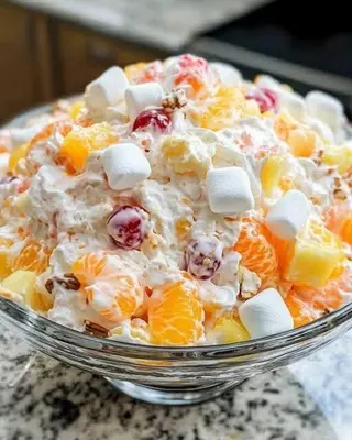 a bowl of fruit salad with marshmallows and oranges at المنشيه هاوس in Maţār al Malik Ḩusayn
