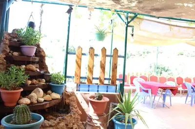 a patio with potted plants and a table and chairs at استراحة ومنتجع قرية الزرب in Ajloun